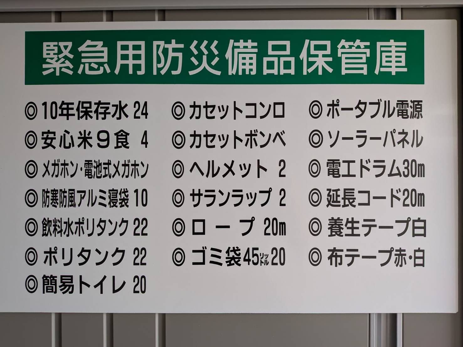 緊急用防災備品保管庫の品目一覧板